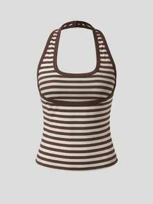 Solid Color Backless Slim Fit Spaghetti Strap Camisole Tank Top For Vacation Beach Home , Vacation Outfits For Women Brown Summer - Brown - View 6