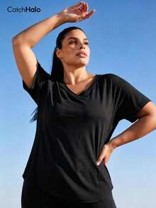 Plus Size Women's V-Neck T-Shirt, Black Breathable Elastic Super Soft Raglan Sleeve Curved Hem, Sports Fitness Top, Summer - Black - View 5