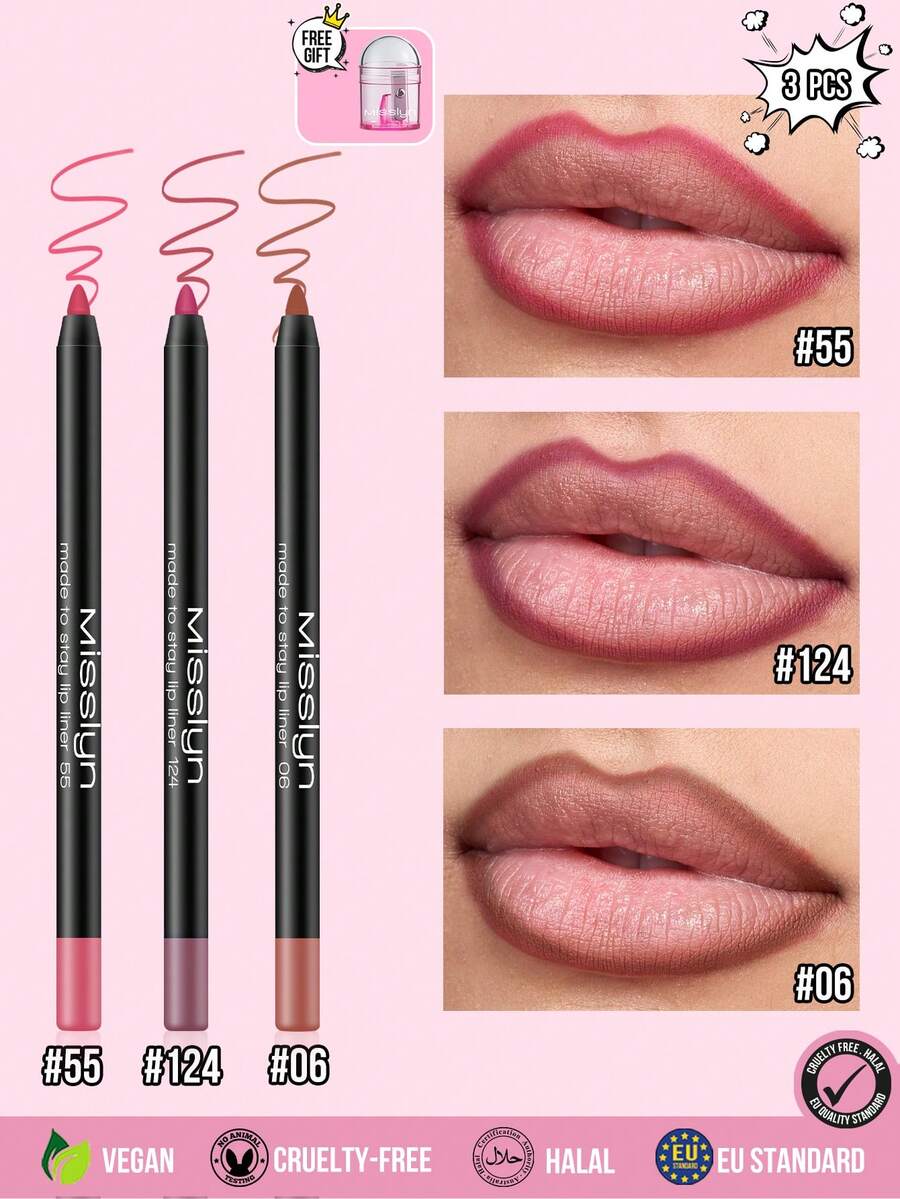 MISSLYN 3pcs Set Pensil Bibir Tahan Lama, Set Pensil Bibir Tahan Air, Pigmen Tinggi, Aplikasi Halus, Anti Luntur, Set Kontur Bibir Warna Kaya, Riasan Bibir, Riasan Pesta, Riasan Y2K, Hadiah Hari Valentine - Warna 55+124+06 - View 1