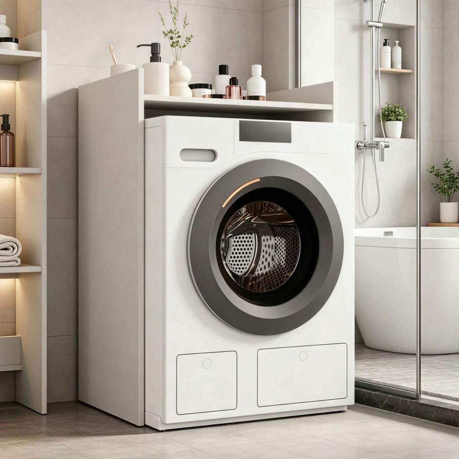 Solid Wood Board Washing Machine Side Storage Cabinet, Beige Freestanding Over Washer Organizer Shelf, Space Saving Laundry Room Storage Rack For Balcony Small Apartment Bathroom - Beige - View 1