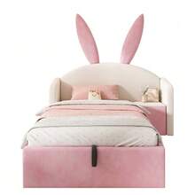 Children's Bed 90x190 Cm Velvet Upholstered Bed, Bunny Ear Headboard With Storage Space & Bedside Table, Designer Youth Bed - 米色 - 查看 3