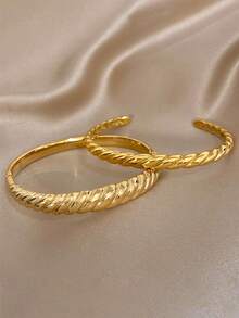 1Pc/Set Classic Gold Plated Textured Braided Open Stainless Steel Bangle Bracelet Set,For Women,Daily/Boho/Party/Wedding,Mom Gifts,Valentine Birthday - Multicolor - View 7