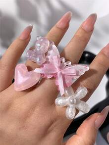 4件組原宿風Y2K彩色蝴蝶結、花朵、小熊、愛心亮片戒指組,甜美可愛精緻女款戒指套組,適合約會、派對、聚會,送給好友、姊妹、女友的禮物 - 粉色 - 查看 5