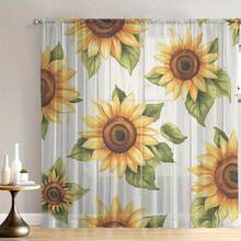 2 peças de cortinas transparentes com folha de girassol, madeira branca, estilo campestre fresco, cortinas transparentes estampadas para decoração de casa, telas elegantes para janela, adequadas para cozinha, café, sala de estar, sala de jantar ou decoração de local de casamento - Multicolorido - Ver 8