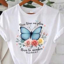 Blue butterfly flower pattern round neck women T-shirt shcomndot sleeve fashion printing half sleeve shirt stretch T-shirt - Blanco - Ver 1