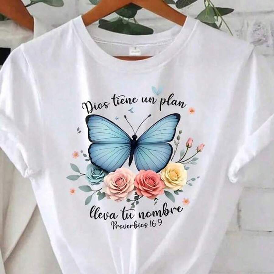 Blue butterfly flower pattern round neck women T-shirt shcomndot sleeve fashion printing half sleeve shirt stretch T-shirt - Blanco - Ver 1