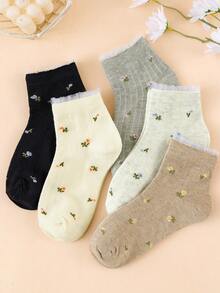 5 Pairs Women's Cute Floral & Striped Invisible Boat Socks, Suitable For Daily Casual Wear, Suitable For Spring & Summer - Multicolor - View 3