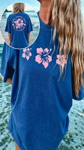 Summer TopsWomen Y2k Oversized Graphic Tees Floral Print Short Sleeve Crewneck T Shirts Loose Fit Summer   Tops For Teen Girls Aesthetic Clothes 2000s - BU01 - 查看 1