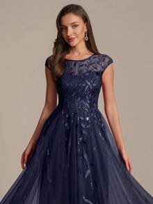 EVERPRETTY Summer Luxury Navy Blue Floral Leaf Sequin Sleeveless Round Neck Mid-Length Sparkling Formal Evening Gown For Party Cocktail Semi-Formal Occasions - Navy Blue - View 5