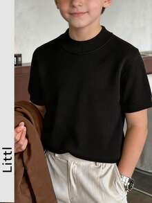 Boys' Solid Color Mock Neck Slim Fit Knit Short Sleeve T-Shirt - Black - View 8