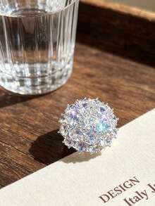 1pc Silver-Tone Multi-Stone Cluster Rhinestone Dome Exaggerated Ring, Large Round Shiny Flower Snowball Cocktail Ring, Women's Style, No Packaging Box - Silver - View 5
