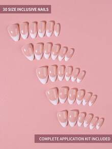 30pcs Short Almond White Ombre French Press-On Nails, Acrylic False Nail Set, Includes 1pc Jelly Glue And 1pc Nail File - White - View 3