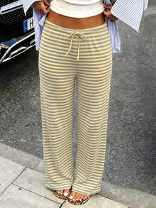 Pantalones rectos a rayas de estilo Y2K para mujer, con cintura con cordón, ideales para looks de calle, ir al trabajo, citas y ropa de estar en casa de verano. - amarillo - Ver 3