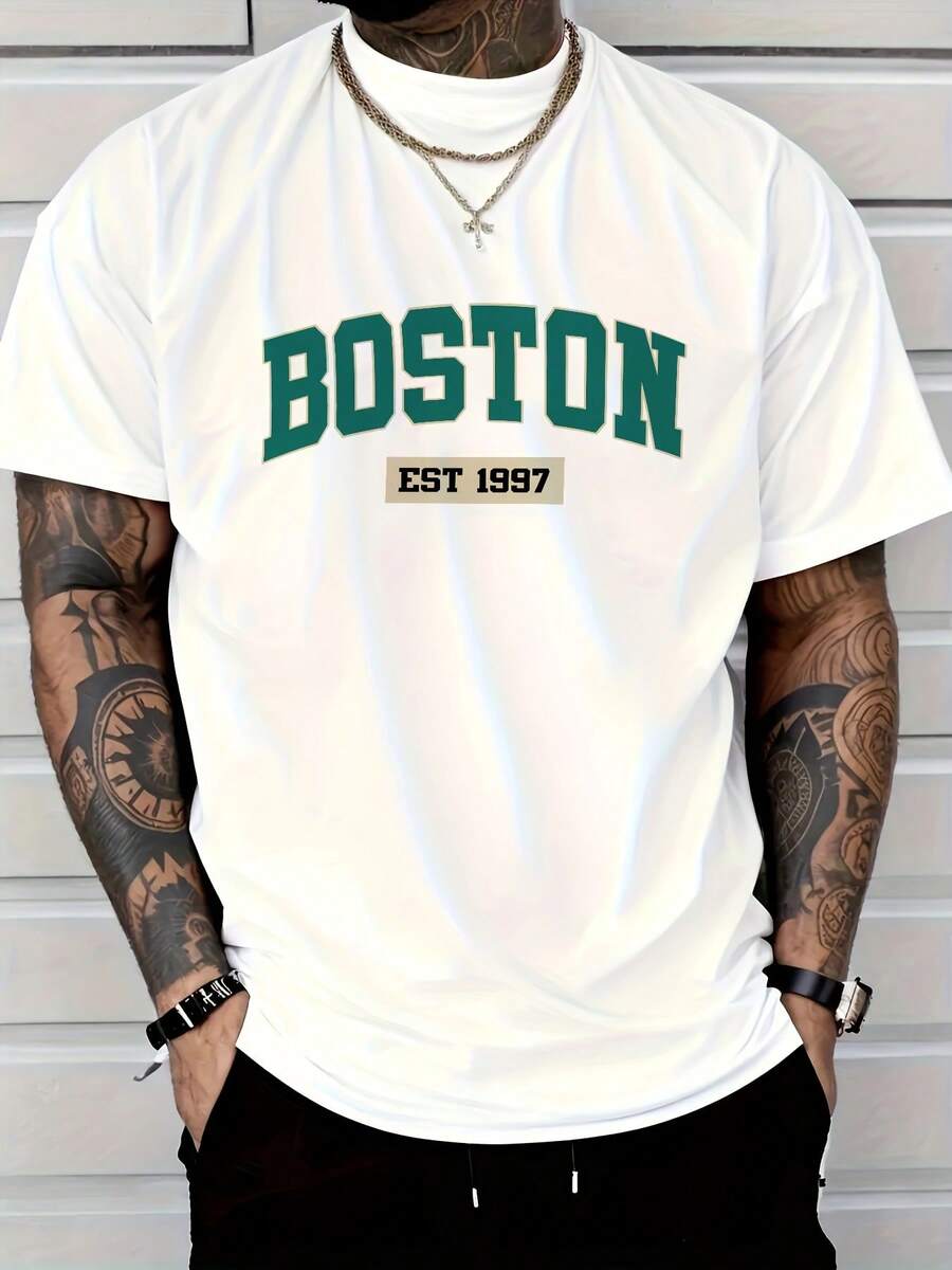 Men's  Graphic Print Regular Shoulder T-Shirt - 白色 - 查看 1