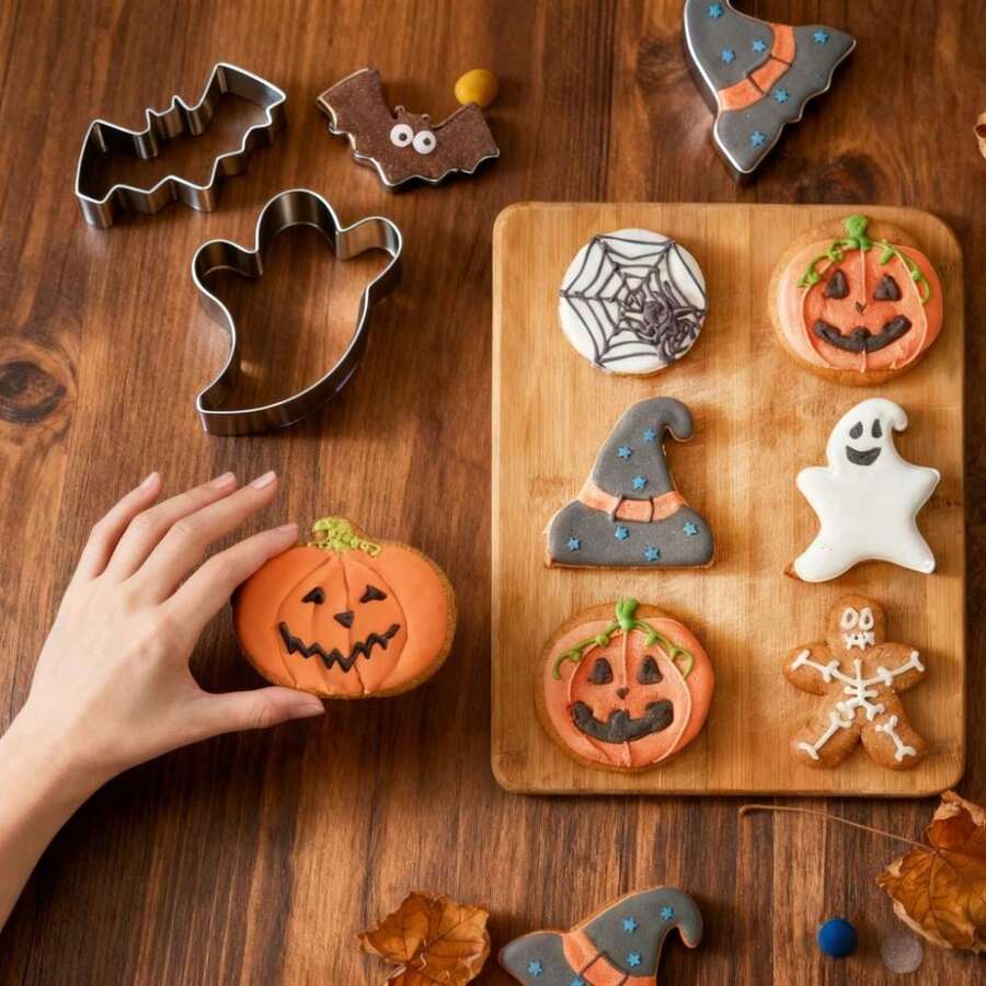 Halloween Cookie Cutter Set, 3/5/7pcs Stainless Steel Skull, Bat, Candy Corn, Pumpkin, Ghost Cookie Cutting Shapes. Suitable For Holiday Party Decoration, Perfect For Cutting Soft Candy, Cheese, Soft Fruit, Pancakes, Soap And Handmade Clay. Reusable. - View 1