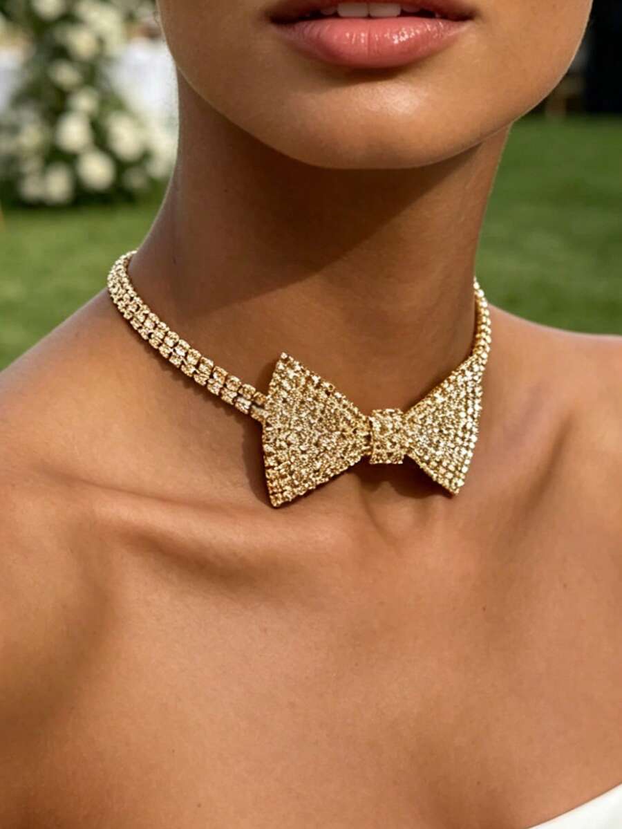 1pc Women's Summer Bow Choker Necklace, Sparkling Jewelry Decor For Evening Dress, V-Neck Rhinestone Camisole Accessory For Prom - Gold - View 1