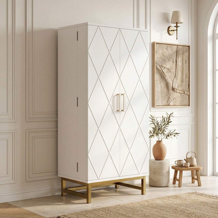 Kitchen Furniture, Storage Cabinets, Sideboards, Suitable For Small Dining Room Or Living Room Spaces, With Adjustable Shelves, White And Gold - View 1