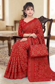 Estationeryhouse Bandhani Circle Print Saree With Unstitched Blouse Piece - Red - View 2