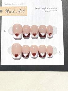 10PCS Handmade Pressing Nail Set Short Nail Square French Love Simple Jelly Powder Nail Set Long Pressing Nail Suitable For Party Or Daily Wear, Enhance Your Style, Comes With Two Jelly Glues And One Rubbing Strip Nails - Red and White - View 9