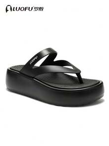 luofu Women's Thick Sole Anti-Slip Soft Elastic Flip Flops Fashion Minimalist Height-Increasing Sandals Summer Beach Slippers EVA Non-Slip Sandals - Black - View 8