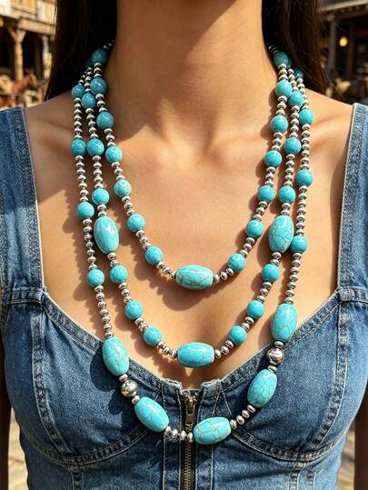 Collar largo de 3 capas de cuentas de plata y turquesa, turquesa azul cielo clásico con múltiples opciones de color, con grietas de alambre de hierro en forma de red de oro claro natural, textura de turquesa vintage occidental icónica; intercalado con cuentas de plata vintage desgastadas, estilo occidental americano + bohemio vintage, la combinación de turquesa y cuentas de plata es un accesorio occidental clásico, adecuado para camisas de mezclilla, ropa de trabajo, atuendos de pub vintage, resaltando la naturaleza salvaje vintage, accesorio relajado y casual de nicho