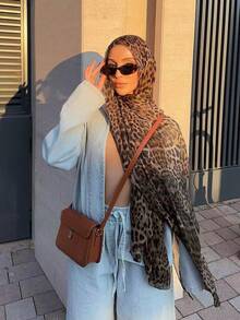 1pc Women's Fashion Bohemian Leopard Print Navy Blue Marble Pattern Veil Headscarf, Casual Street Style Daily Wear Headscarf, Autumn Scarf - Leopard - View 3