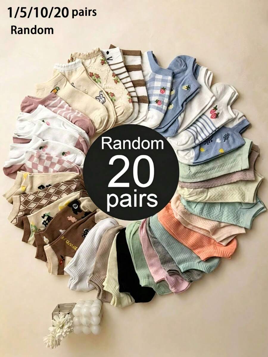 20 pares de calcetines cortos tipo barco invisibles, de moda, simples, versátiles y lindos, de estilo aleatorio para mujer, adecuados para uso diario - Multicolor - Ver 1