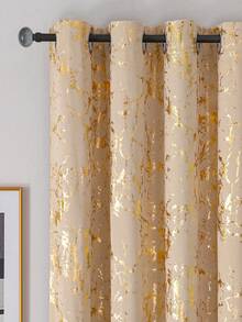 2pcs/Pack Beige, Black, Dark Green, High Precision Gold Foil Blackout Curtains, Grommet Design Room Darkening. Thermal Insulated Curtains, Suitable For Bedroom And Living Room. Available In Multiple Sizes - D Beige - View 24