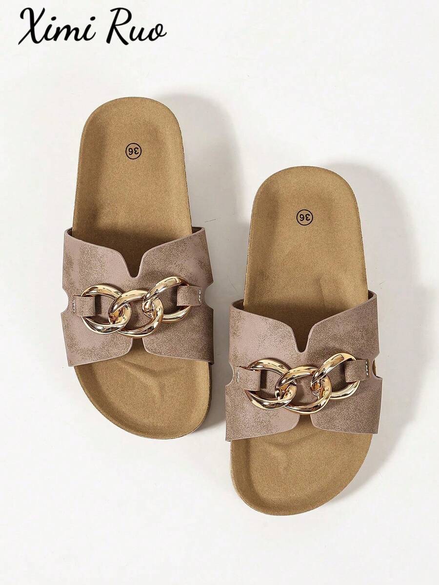 Ximi Ruo Women's Spring/Summer New Fashion Casual Style Slide Sandals, Comfortable Flat Heel Beach Shoes, Holiday Essential, Holiday - Grey - View 1
