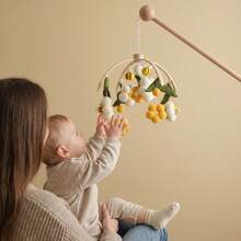 Wooden Frame Baby Crib Mobile, With Felt Bee And Plush Ball Flower Pendants, Nursery Hanging Decoration - Yellow - View 8