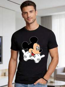 Disney 1件男士短袖T恤，米老鼠卡通圖案印花，圓領，微彈性 - 黑色 - 查看 3