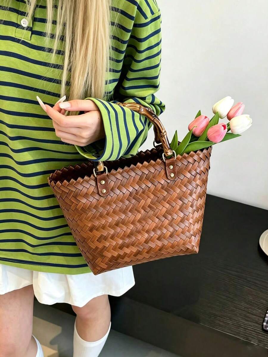 Bolso de tote de cesta tejido de colores, bolso cuadrado tejido de paja, bolso de mano de mujer con estilo campestre y elegante para vacaciones, de gran capacidad - Marrón - Ver 1