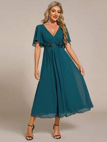 EVERPRETTY Elegant Teal Chiffon Wedding Guest Dress For Fall Wedding Anniversary With Floral Applique Waist And Flutter Sleeves Romantic Formal Dress - Teal Blue - View 5