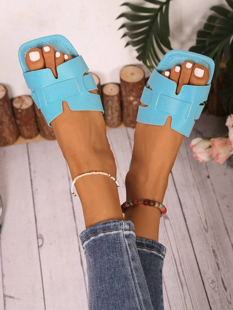Women's Casual Minimalist Solid Color Square Toe Flat Slip-On Sandals, Sky Blue With Sequin And Gold Trim, Comfortable And Durable, Suitable For Vacation And Shopping - Sky Blue - View 7