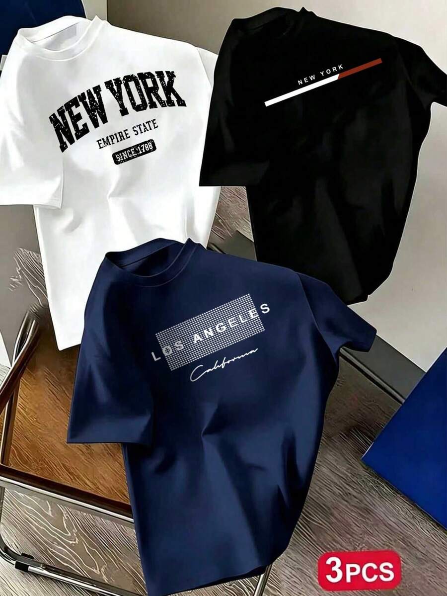 3件組-青少年男孩熱門城市地標印花圓領短袖T恤,適合男孩日常穿著、校園穿搭、街頭風、時尚男孩夏季上衣 - 白色 - 查看 1