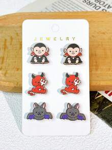 1 Set 3 Pares de Pendientes de Botón de Madera con Diseño de Dibujos Animados de Halloween, Pendientes Divertidos y Caprichosos de Maíz Dulce, Calabaza, Fantasma, Gatito, Murciélago y Telaraña, Set de Pendientes de Regalo Festivo para Mujeres - Multicolor - Ver 9