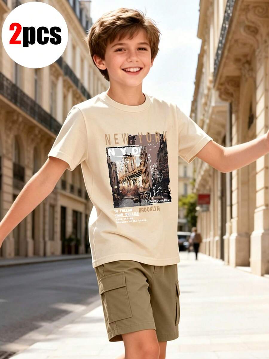 2pcs/Set Tween Boy Crew Neck Short Sleeve T-Shirt With Simple Floral Print And Casual Simple Khaki Shorts, Summer New Arrival - Apricot - View 1