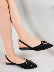 女款黑色金屬扣露背平底鞋，尖頭極簡通勤款，春夏秋冬新式後束帶平底鞋，舒適全天穿著，透氣尖頭，適合春夏季，聖誕節/情人節佳選 - 黑色 - 查看 6