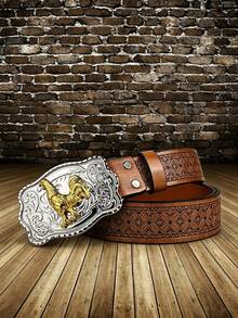 1pc Rooster Western Style Buckle 3.7cm/1.46in Wide PU Embossed Belt, Vintage Personalized Waist Belt - Multicolor - View 5