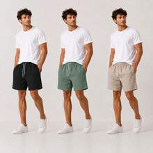 Kit 3 Short De Linho Mauricinho Bermuda Masculina Com Bolsos - PRETO VERDE BEGE - Visão 1