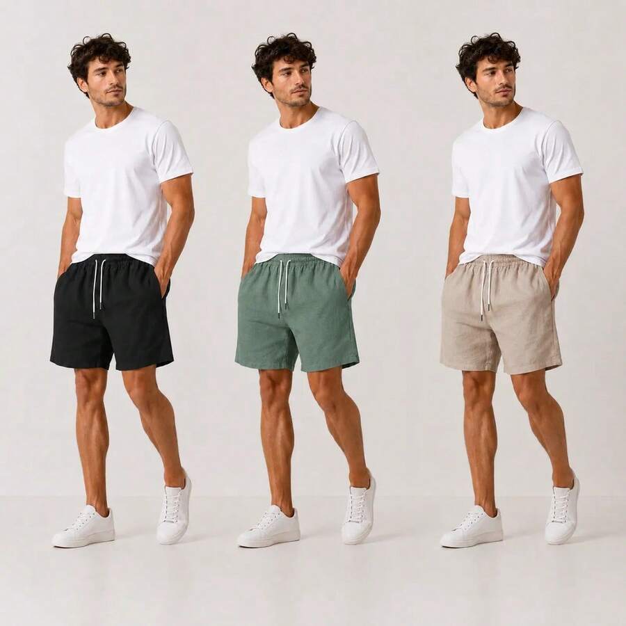Kit 3 Short De Linho Mauricinho Bermuda Masculina Com Bolsos - PRETO VERDE BEGE - Visão 1