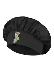 個性化字母緞面髮帽，寬版舒適髮帶，客製化姓名縮寫刺繡睡眠帽，粉色絲綢夜帽，女孩禮物 - 彩色字母刺繡黑色 - 查看 48
