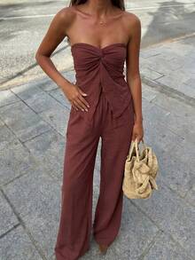 CHARIS Summer Elegant Twist Bandeau Top & Asymmetric Hem 2 Pieces Set, Suitable For Work And Dates - Redwood - View 4