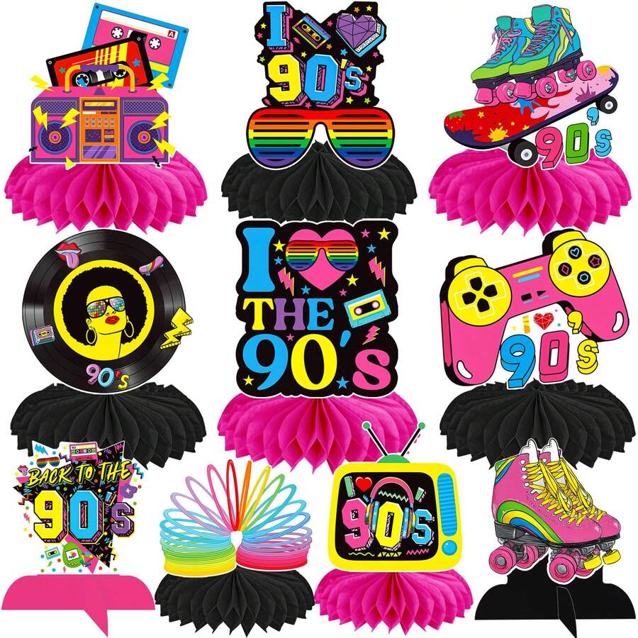 12 bucăți decorațiuni de masă din hârtie retro anii '90, tip fagure, decorațiuni de masă pentru petrecere anii '90, accesorii pentru petrecere Back To 90s, accesorii retro anii '90 pentru petrecere de zi de naștere și botez, centru de masă pentru petrecere - Vizualizare 1