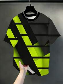 2 piezas Conjunto de ropa deportiva de estilo urbano con bloques de color en contraste y estampado geométrico neón verde para tallas grandes - Verde - Ver 3