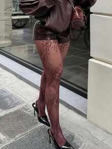 Vintage Floral Wine Red Sexy Fishnet Stockings, Thin Hot Girl Colorful Pantyhose - Burgundy - View 3