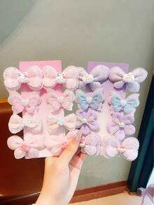 Juego de 8 piezas de pinzas para el cabello con lazo de tela color lavanda púrpura, pinzas para el cabello con diseños de conejo de dibujos animados, corazón, mariposa, perla y flor, accesorios para el cabello de color macaron dulce para niñas - Multicolor - Ver 6