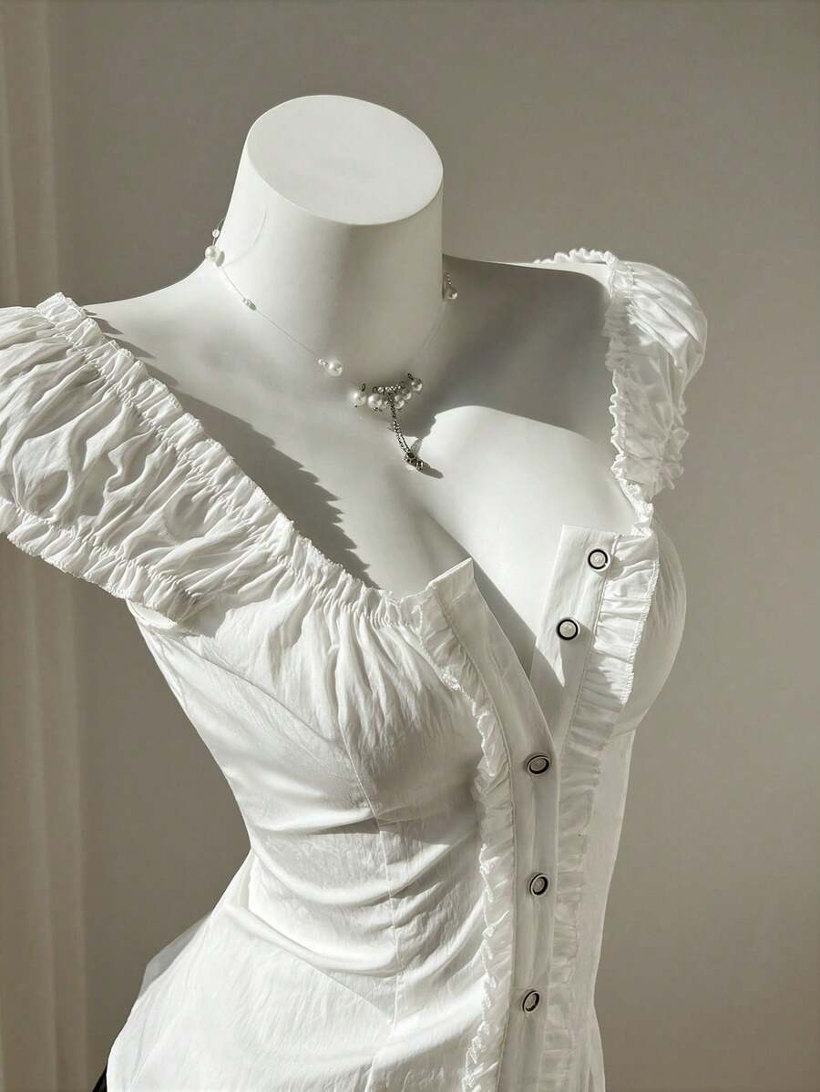 Women's Minimalist, Sweet And Fresh Ruffled, One-Shoulder Puff Sleeve White Corset Dress For Spring/Summer, White Sweetheart Neckline Dress, Vintage OSPV Dress - 白色 - 查看 1