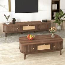 TV Stand And Coffee Table Set, Walnut-Color Living Room Furniture With Sliding Doors, Woven-Style Drawer, Rounded Edge Storage Design - Walnut - View 3