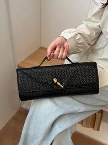 Women's Woven Evening Clutch, Rectangular Handbag With Top Handle And Detachable Crossbody Strap, Vintage Minimalist Shoulder Bag, Suitable For Parties And Daily Commute - Black - View 4